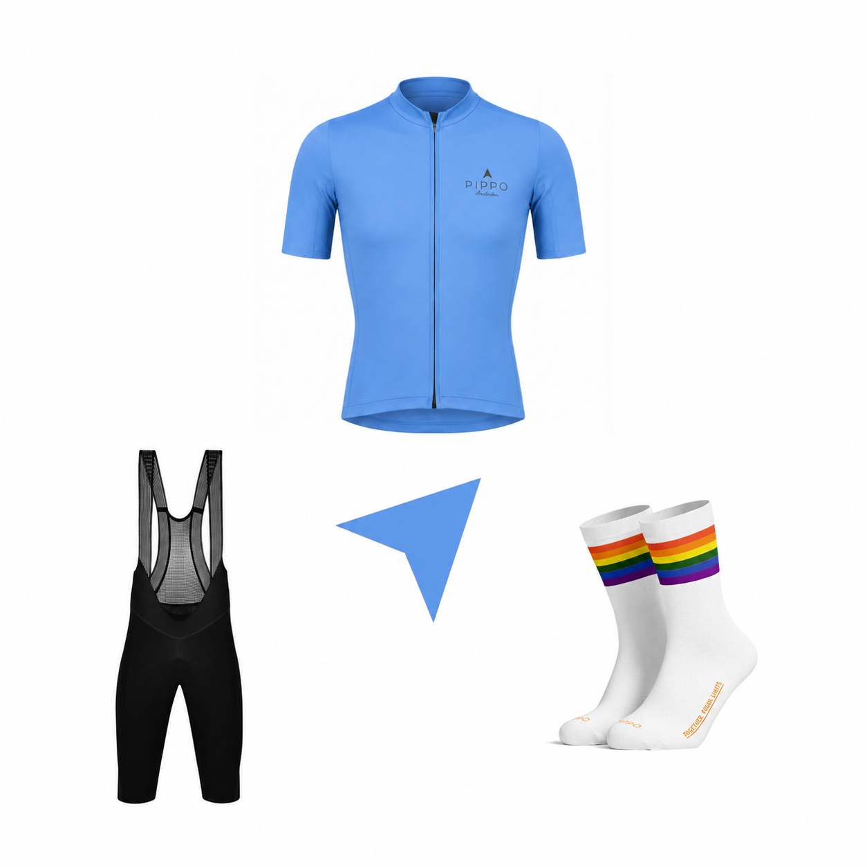 Bundle aus hochwertiger Radsportbekleidung von PIPPO Amsterdam bestehend aus einem hellblauen Kurzarm-Radtrikot, schwarzen Bib Shorts und weißen Radsocken mit Regenbogenstreifen.