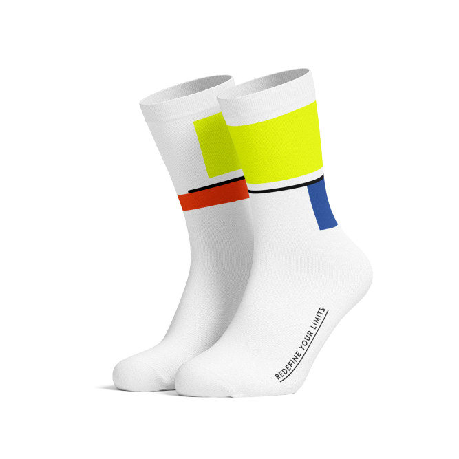 Professional cycling socks for road biking | Slogan Redefine your Limits |Rennrad-Socken mit Mondrian-inspiriertem Farb- und Linienmuster für Radsportler